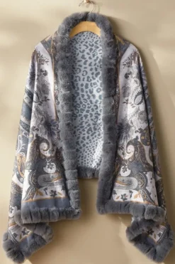 New Soft Surroundings Katya Faux Fur Trim Wrap Scarf Gray