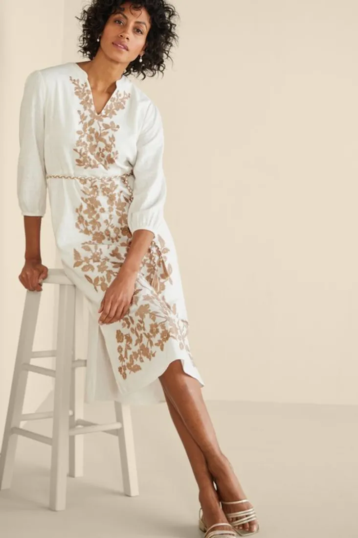 Discount Soft Surroundings Kimora Embroidered Midi Dress IvoryPearl