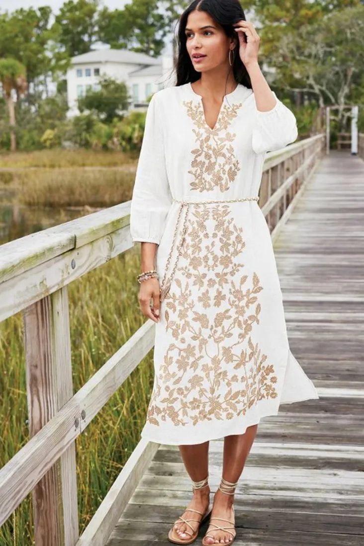Discount Soft Surroundings Kimora Embroidered Midi Dress IvoryPearl