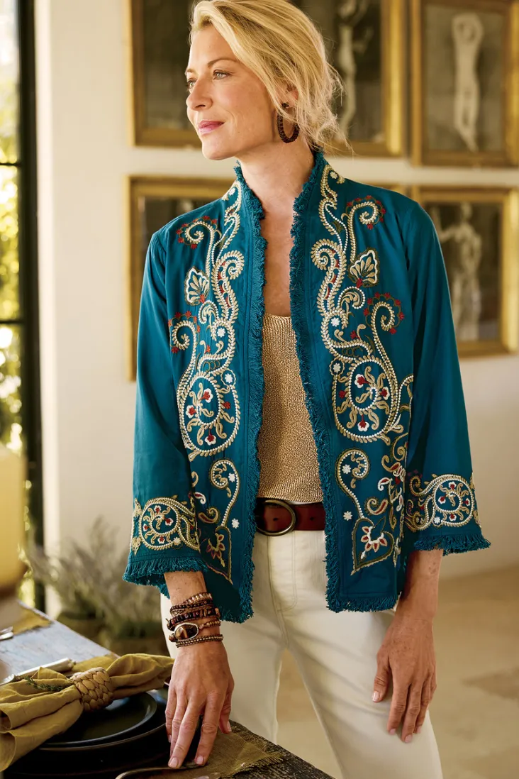 Soft Surroundings Kiruna Embroidered Jacket Teal