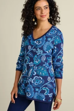 Soft Surroundings Leonor Jacquard Tunic Sweater FallGardenBlue