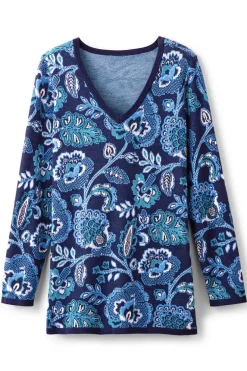 Soft Surroundings Leonor Jacquard Tunic Sweater FallGardenBlue