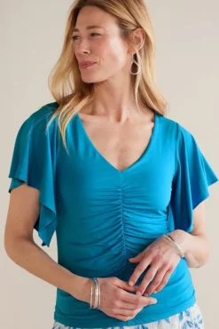 New Soft Surroundings Leya Ruched Top SwedishBlue