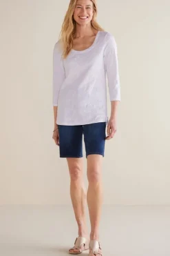 Hot Soft Surroundings Linnea Embroidered 3/4 Sleeve Tee Navy