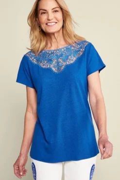 Hot Soft Surroundings Luella Linen Blend Lace Tee Sapphire