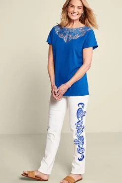 Hot Soft Surroundings Luella Linen Blend Lace Tee Sapphire