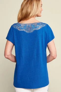 Hot Soft Surroundings Luella Linen Blend Lace Tee Sapphire
