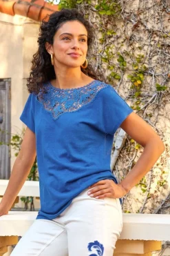 Hot Soft Surroundings Luella Linen Blend Lace Tee Sapphire
