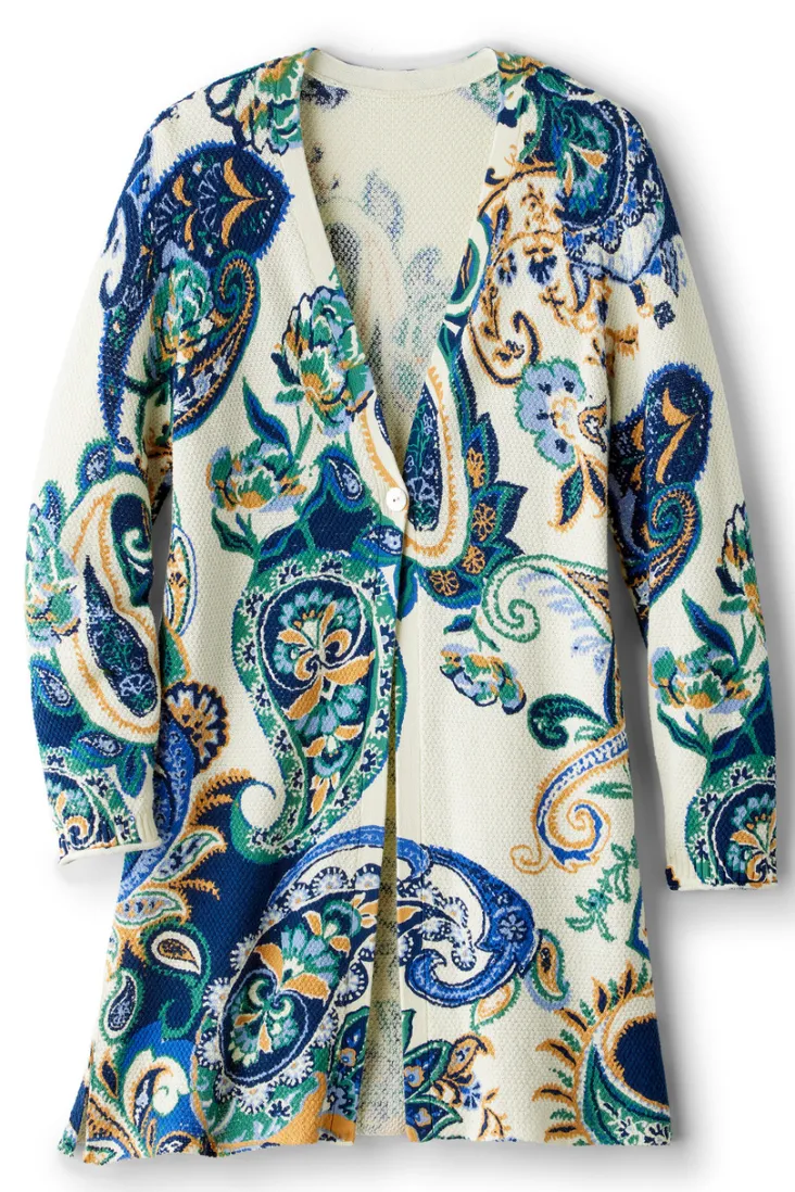 New Soft Surroundings Marin Cardigan AutumnPaisleyScarfBlue