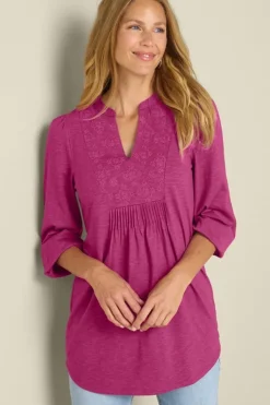 Soft Surroundings Mikaela Embroidered 3/4 Sleeve Tunic RaspberryRadiance