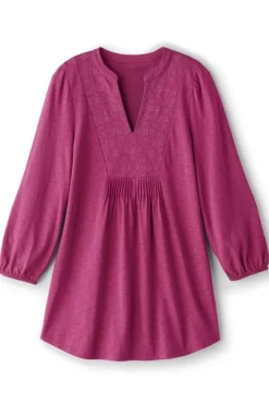 Soft Surroundings Mikaela Embroidered 3/4 Sleeve Tunic RaspberryRadiance