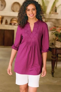 Soft Surroundings Mikaela Embroidered 3/4 Sleeve Tunic RaspberryRadiance