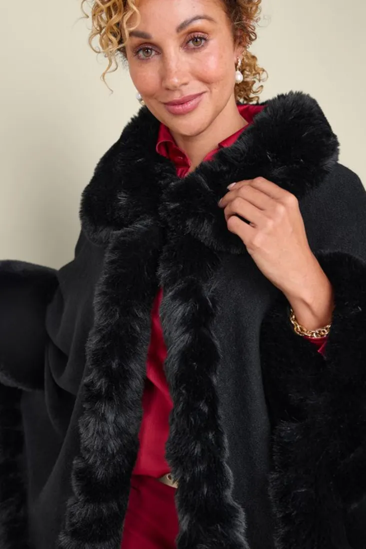Best Soft Surroundings Mila Faux Fur Trim Cape Black