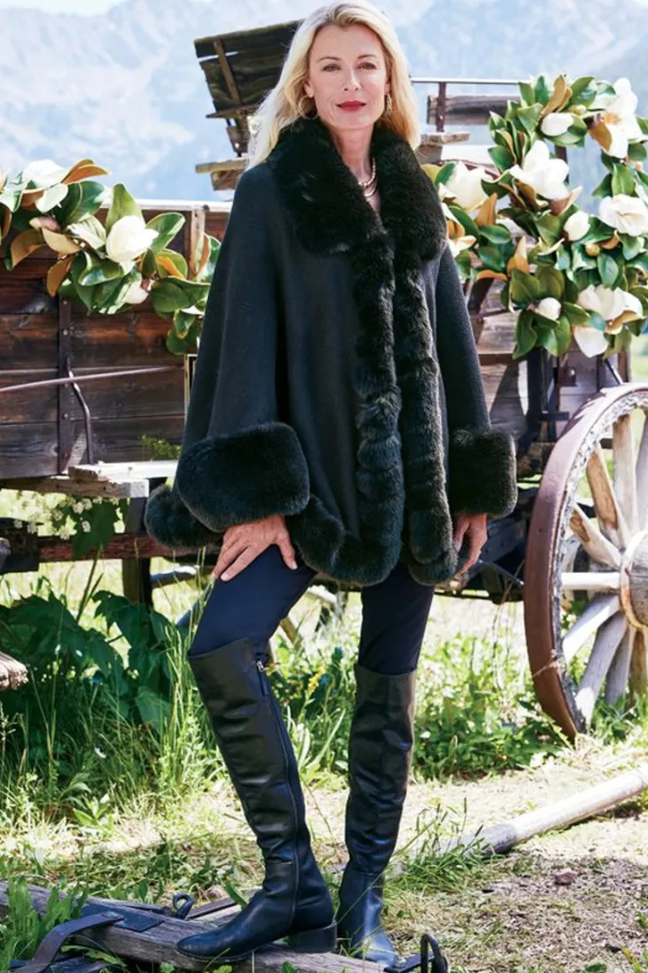 Best Soft Surroundings Mila Faux Fur Trim Cape Black