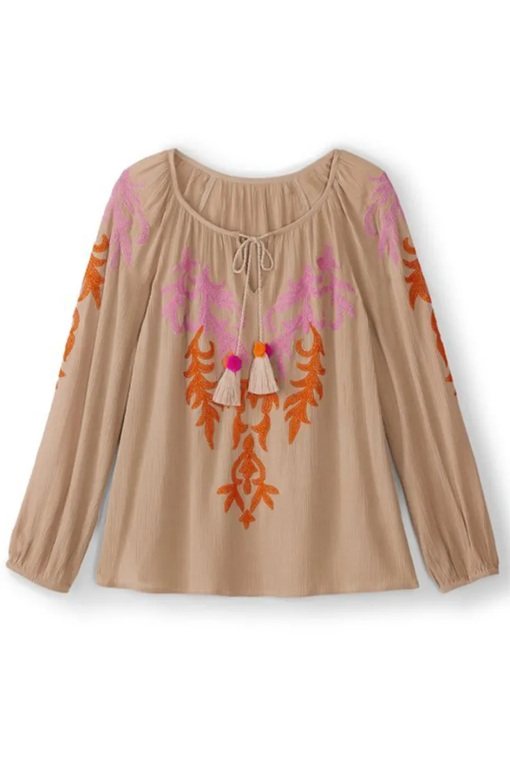 Online Soft Surroundings Noura Embroidered Gauze Pullover Sesame