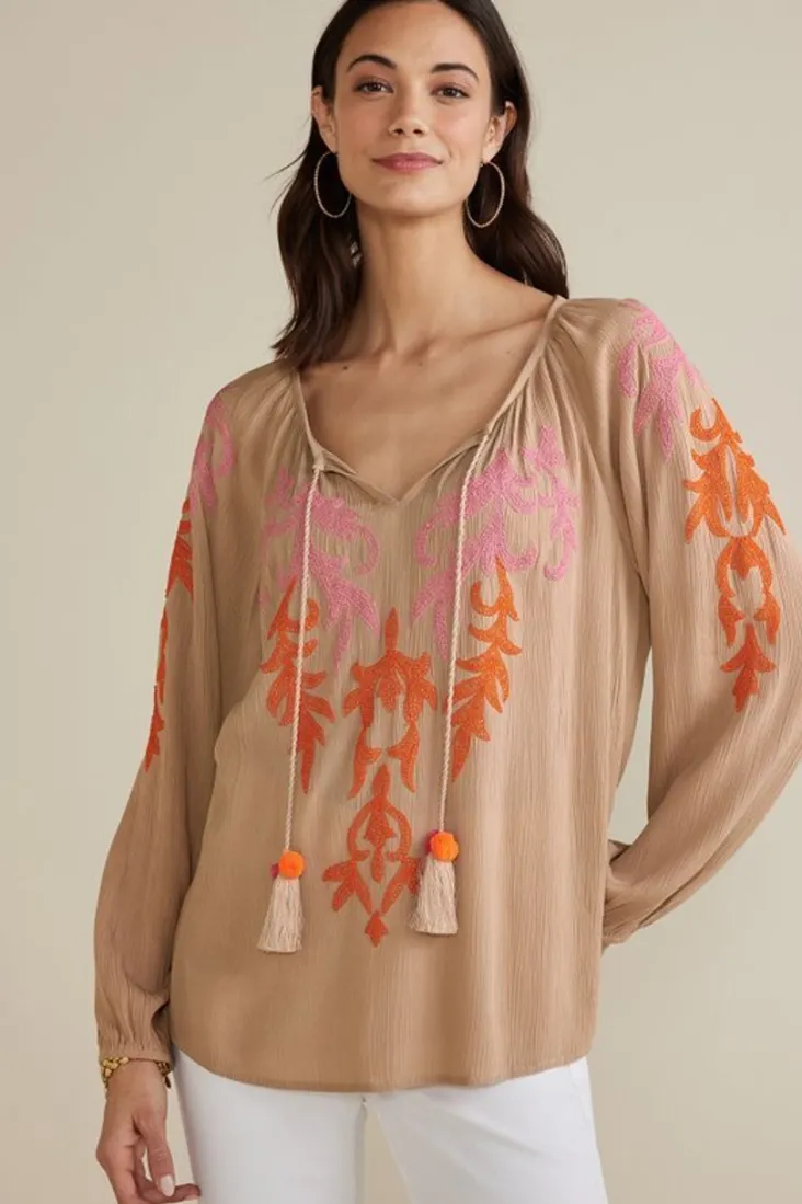 Online Soft Surroundings Noura Embroidered Gauze Pullover Sesame