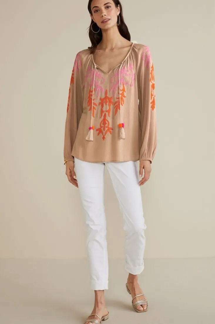 Online Soft Surroundings Noura Embroidered Gauze Pullover Sesame