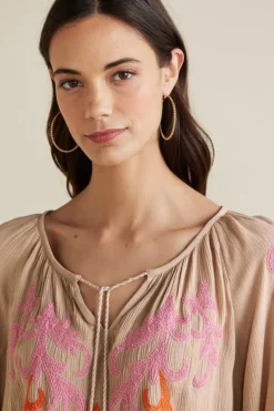 Online Soft Surroundings Noura Embroidered Gauze Pullover Sesame