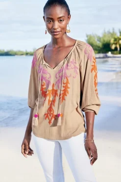 Online Soft Surroundings Noura Embroidered Gauze Pullover Sesame