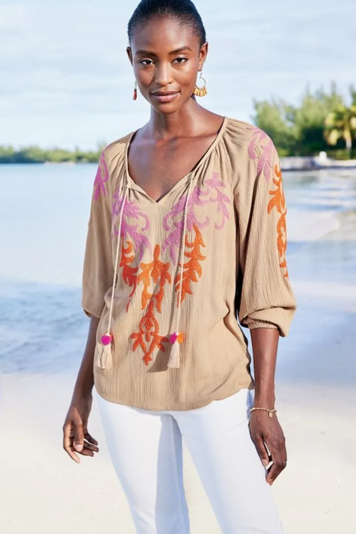 Online Soft Surroundings Noura Embroidered Gauze Pullover Sesame
