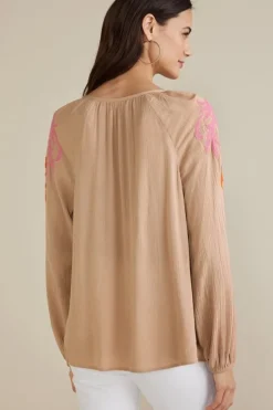 Online Soft Surroundings Noura Embroidered Gauze Pullover Sesame