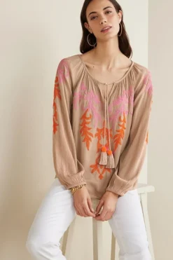 Online Soft Surroundings Noura Embroidered Gauze Pullover Sesame