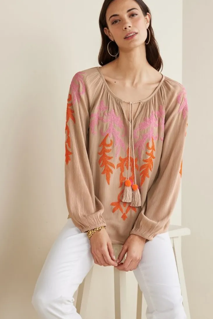 Online Soft Surroundings Noura Embroidered Gauze Pullover Sesame