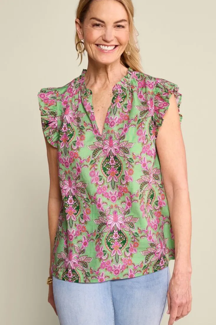 Discount Soft Surroundings Paige Linen Blend Top TropicalDamaskMedallion