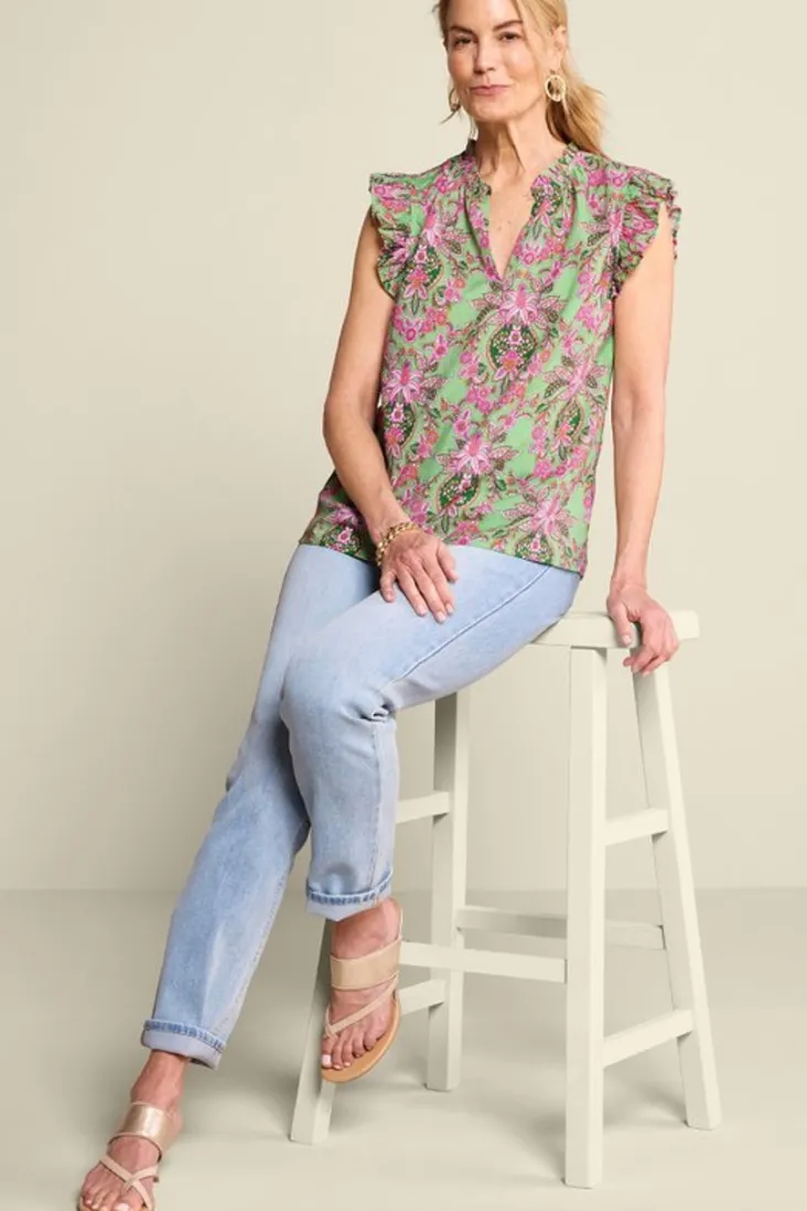 Discount Soft Surroundings Paige Linen Blend Top TropicalDamaskMedallion