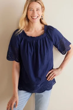 Hot Soft Surroundings Rahma Eyelet Trimmed Tee Navy