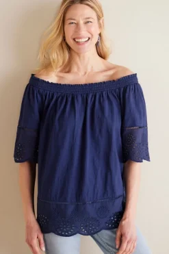 Hot Soft Surroundings Rahma Eyelet Trimmed Tee Navy