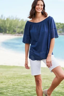 Hot Soft Surroundings Rahma Eyelet Trimmed Tee Navy