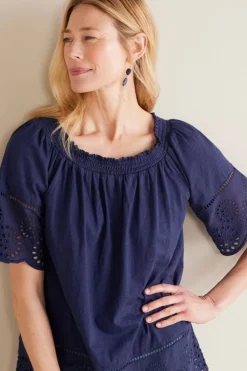 Hot Soft Surroundings Rahma Eyelet Trimmed Tee Navy