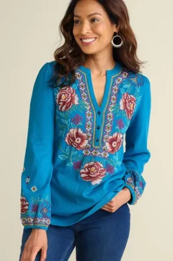 Discount Soft Surroundings Riva Embroidered Knit Gauze Top BlueSapphire