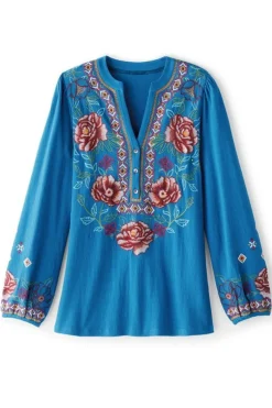 Discount Soft Surroundings Riva Embroidered Knit Gauze Top BlueSapphire