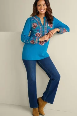 Discount Soft Surroundings Riva Embroidered Knit Gauze Top BlueSapphire
