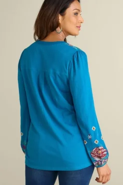 Discount Soft Surroundings Riva Embroidered Knit Gauze Top BlueSapphire