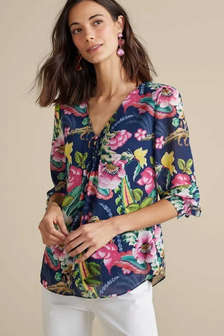 Outlet Soft Surroundings Samantha Georgette Top NavyPaisley