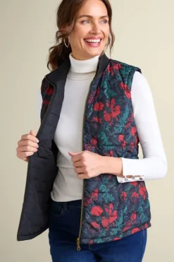 New Soft Surroundings Sienna Reversible Puffer Vest WildflowerAntiqueBlack