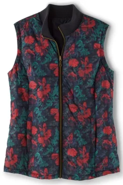 New Soft Surroundings Sienna Reversible Puffer Vest WildflowerAntiqueBlack
