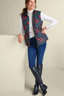 New Soft Surroundings Sienna Reversible Puffer Vest WildflowerAntiqueBlack