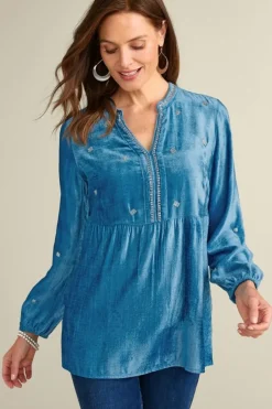 Discount Soft Surroundings Verna Embellished Velvet Tunic BlueSapphire