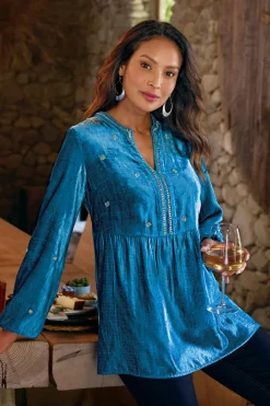 Discount Soft Surroundings Verna Embellished Velvet Tunic BlueSapphire