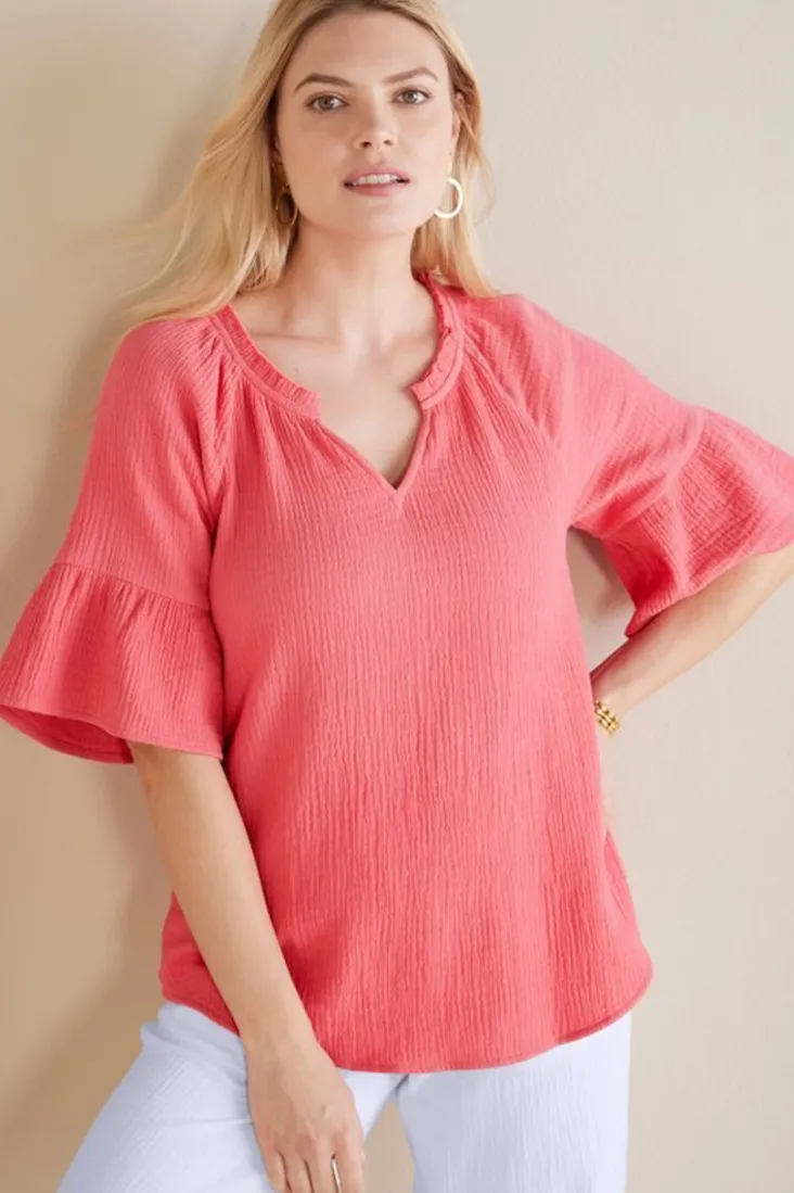 New Soft Surroundings Vinka Gauze Pullover SunkistCoral