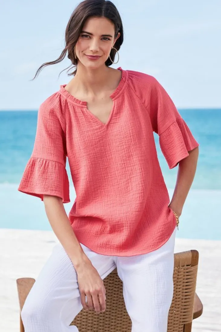 New Soft Surroundings Vinka Gauze Pullover SunkistCoral