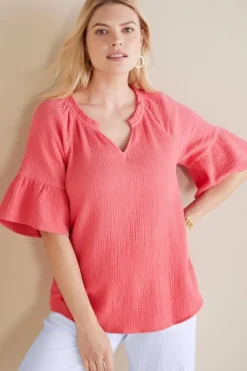 New Soft Surroundings Vinka Gauze Pullover SunkistCoral
