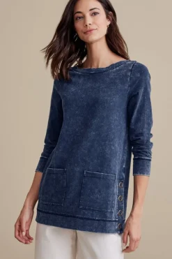 New Soft Surroundings Washed Make It Snappy Pullover DenimBlue