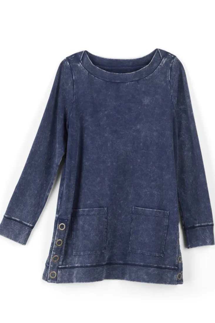 New Soft Surroundings Washed Make It Snappy Pullover DenimBlue