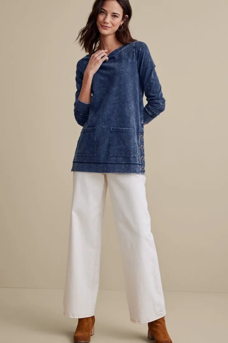 New Soft Surroundings Washed Make It Snappy Pullover DenimBlue