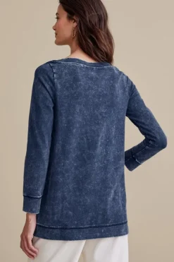 New Soft Surroundings Washed Make It Snappy Pullover DenimBlue
